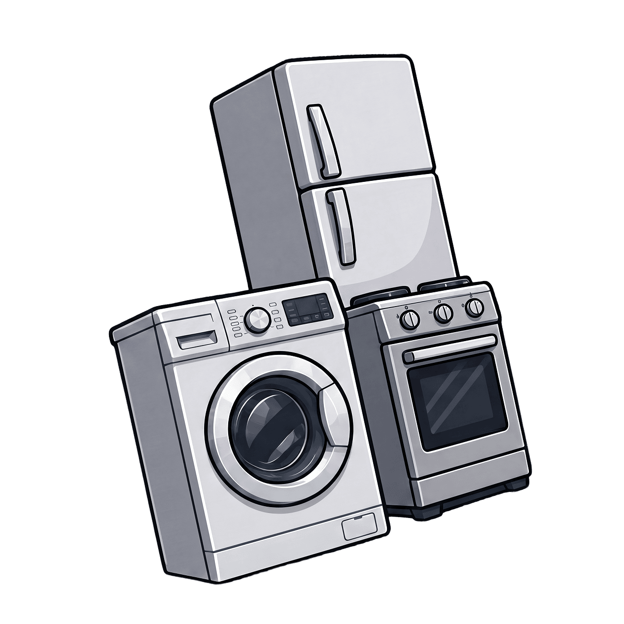 Appliance illustration with washer, stove, and refrigerator